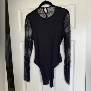 Shein Womens black long sleeve body suit with lace detail- new without tags!